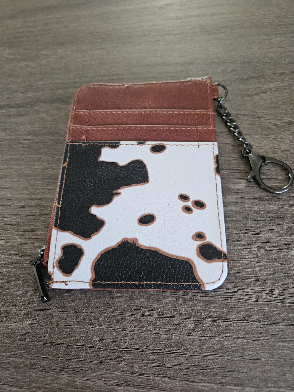 Cowhide Print Card Wallet Keychain in Brown & White-NWOT